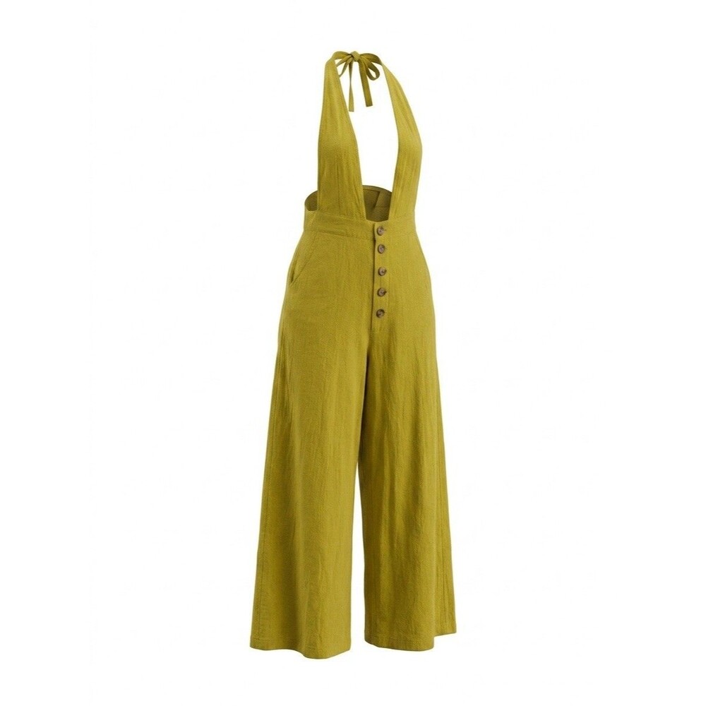 Women's Mustard Yellow Wide Leg Jumpsuit Overalls Halter Neck Button Front Sz S
